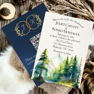 Invitation Montagnes à l'aquarelle, code QR et monogramme - B