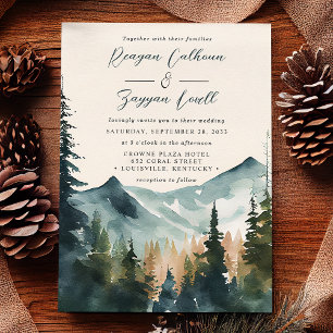 Invitation Montagnes Aquarelles Et Pins Calligraphie Mariage