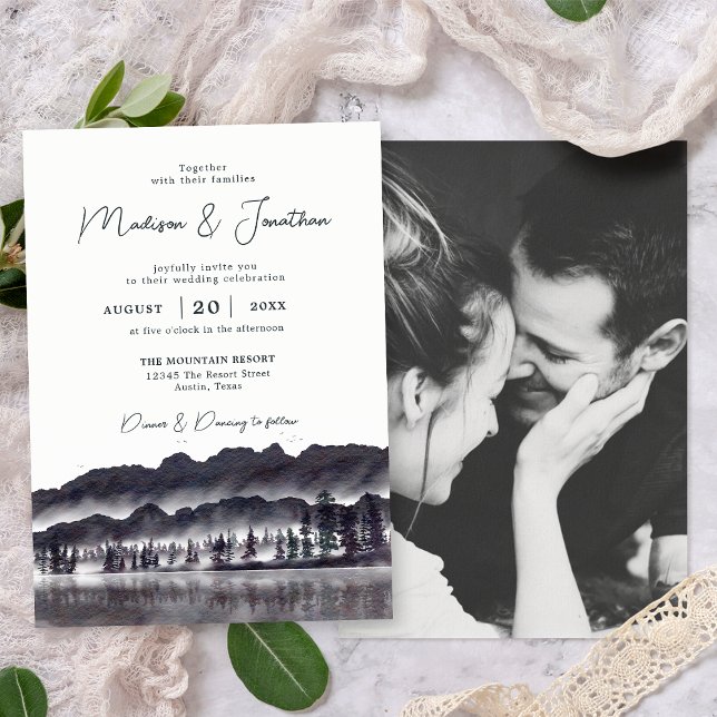 Invitation Montagnes d'arbres de pin toujours verts Photo de  (Front/Back)