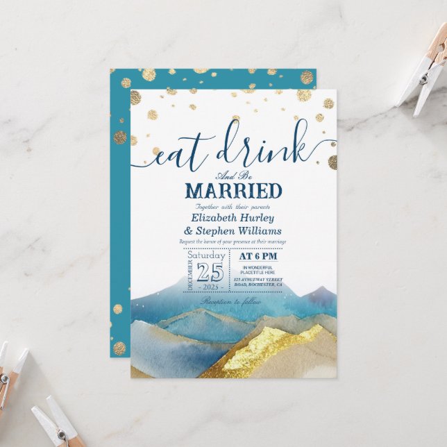 Invitation Montagnes de l'Or Bleu Mariage Boire Manger (Devant/Arrière en situation)