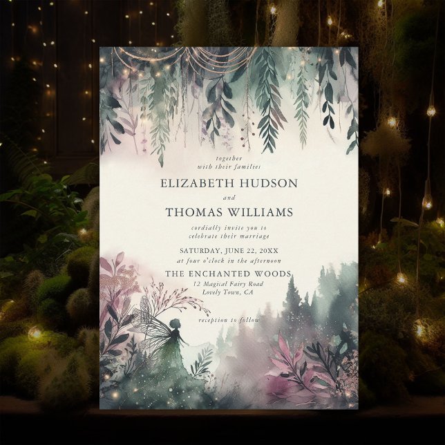 Invitation Montagnes Forestières Enchantées Mariage de fées m (enchanted forest fairy wedding invitation watercolor mountains woods magical fairytale emerald gold )