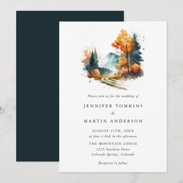 Invitation Montagnes Mariage forestier d'automne (Devant / Derrière)