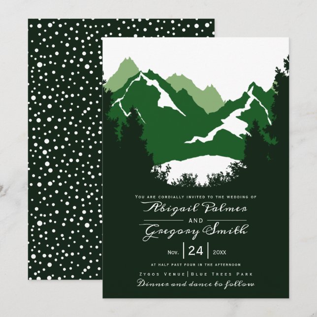 Invitation Montagnes vertes et conifères mariage (Devant / Derrière)