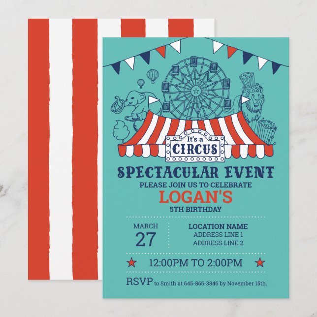 Invitation Montez ! Blue Editable Circus Anniversaire (Devant / Derrière)