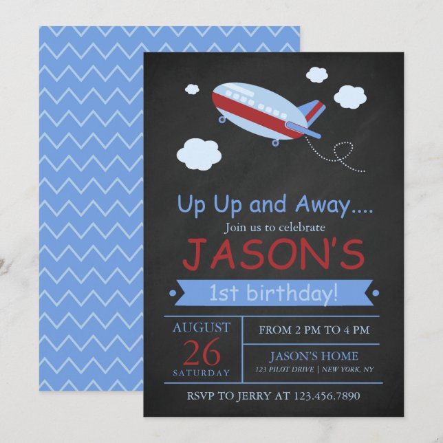 Invitation Montez et parcourez l'avion Chalkboard fête d'anni (Devant / Derrière)