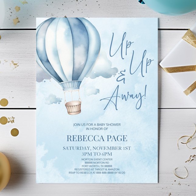 Invitation Montez et partez ! Baby shower Blue Hot Air Balloo (Créateur téléchargé)