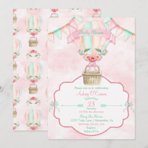 Invitation Montgolfière Aquarelle Rose Menthe Pêche