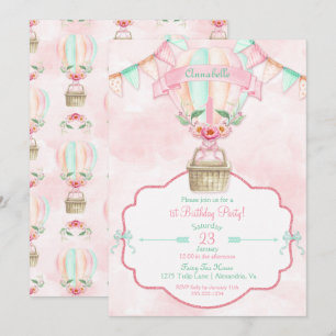 Invitation Montgolfière Premier Anniversaire Rose Menthe Pêch