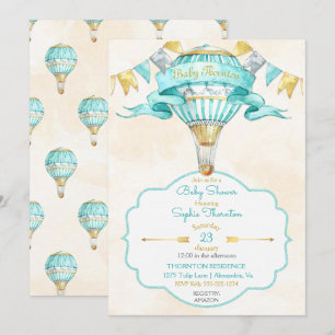 Invitation Montgolfière Turquoise Or Genre Neutre