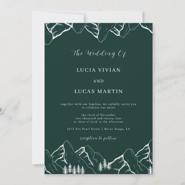 Invitation Monts Pine Tree Emerald Green QR Code Mariage (Devant)