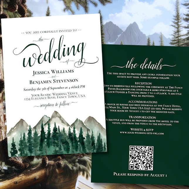 Invitation Monts & Pins Calligraphie & QR Code Mariage (Front/Back)