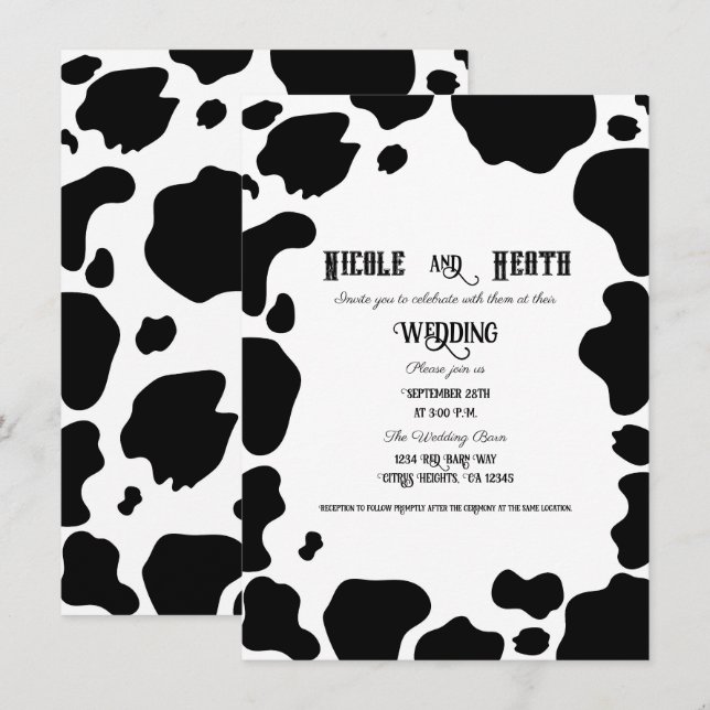Invitation Moo Cow Spots Imprimer Mariage campagnard noir et  (Devant / Derrière)