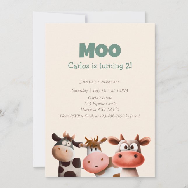 Invitation Moo I’m Turme Two mignon Vache Second Anniversaire (Devant)