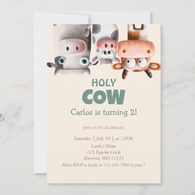 Invitation Moo I’m Two Cartoon Cow Second Birday (Devant)