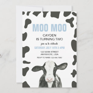 Invitation Moo Moo j'ai DEUX ans Vache à carreaux 2e annivers