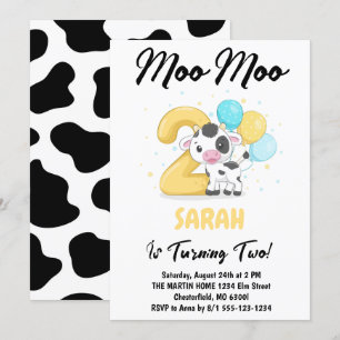 Invitation Moo Moo Je suis Deux Vaches 2e fête d'anniversaire