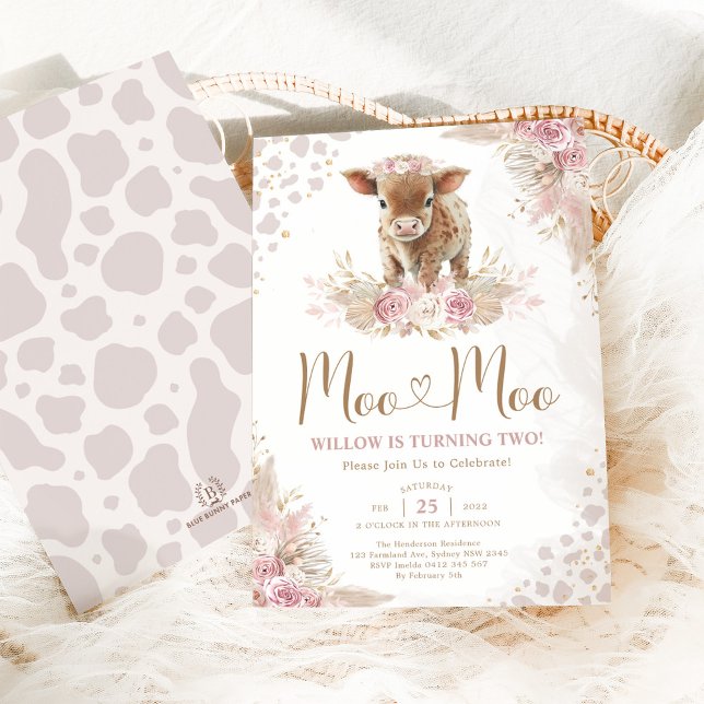 Invitation Moo Moo Pink Boho Cow Pampas Grass 2e anniversaire (Créateur téléchargé)