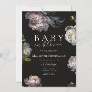 Invitation  Moody Baby in Bloom Peony Dark Floral Baby Shower