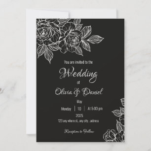 Invitation Moody Black and White Peony Esquisse Mariage Invit