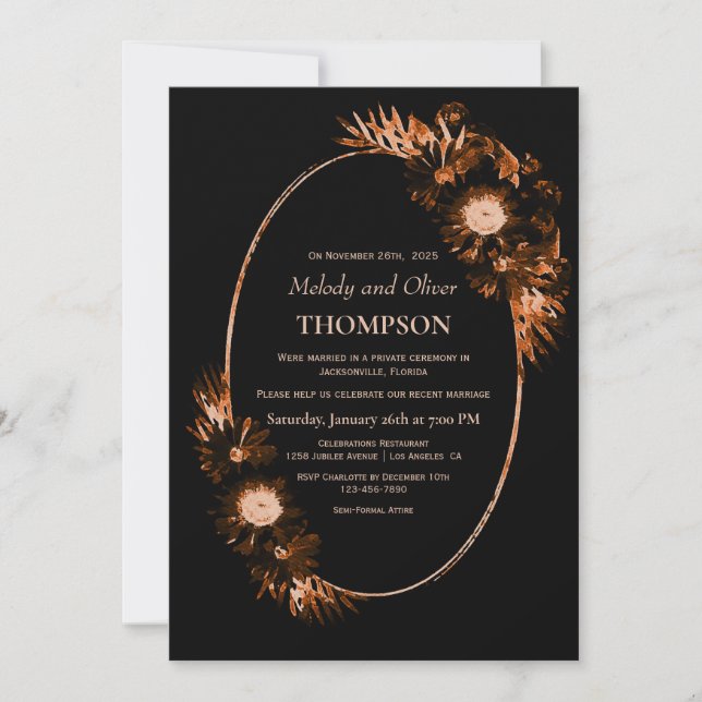 Invitation Moody Black avec Mariage Floral Orange Brûlé (Devant)