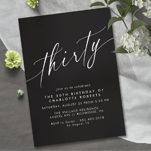 Invitation Moody Black   Élégant Script moderne 30e anniversa