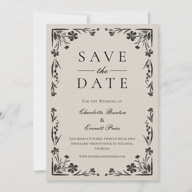 Invitation Moody Black Floral Enregistrer La Date (Devant)