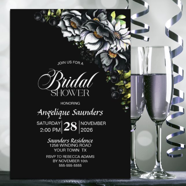 Invitation Moody Black Floral Fête des mariées (Créateur téléchargé)