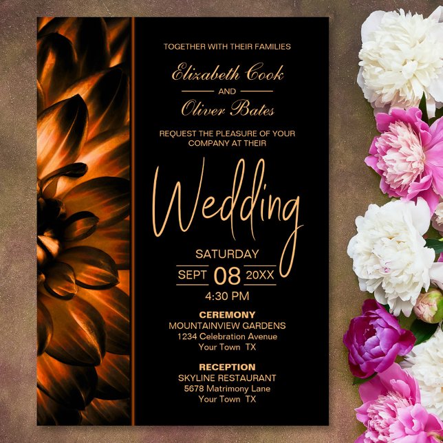 Invitation Moody Black Gold Floral Mariage (Créateur téléchargé)