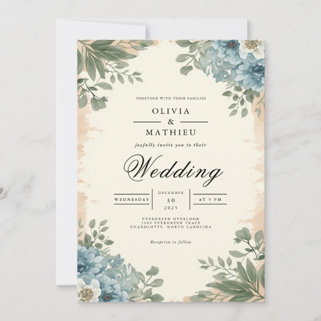Invitation Moody Blue Botanical Romance Mariage (Devant)