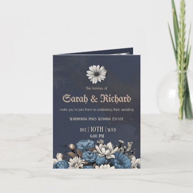 Invitation Moody Blue Floral Mariage photo personnalisé (Devant)