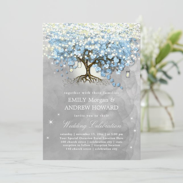 Invitation Moody Blue Grey Silver Heart Leaf Mariage Arbre (Debout devant)