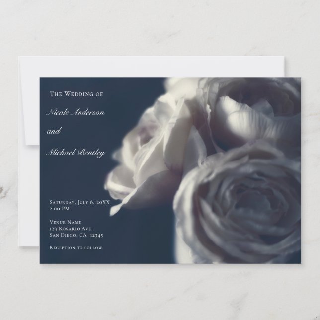 Invitation Moody Blue Shabby Chic Roses mariage élégant (Devant)