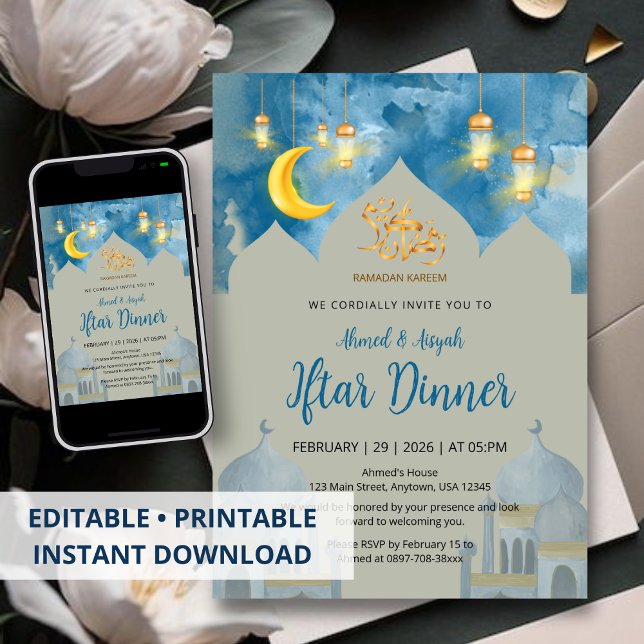 Invitation Moody Blue Watercolor Mosque Iftar Dinner (Créateur téléchargé)