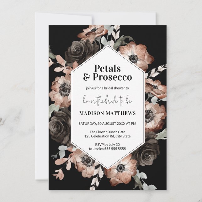 Invitation Moody Boho Petals & Prosecco Fête des mariées noir (Devant)