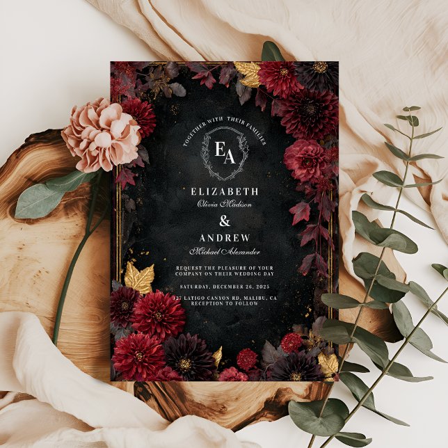 Invitation Moody Burgundy Dahlia Mariage de automne (Créateur téléchargé)