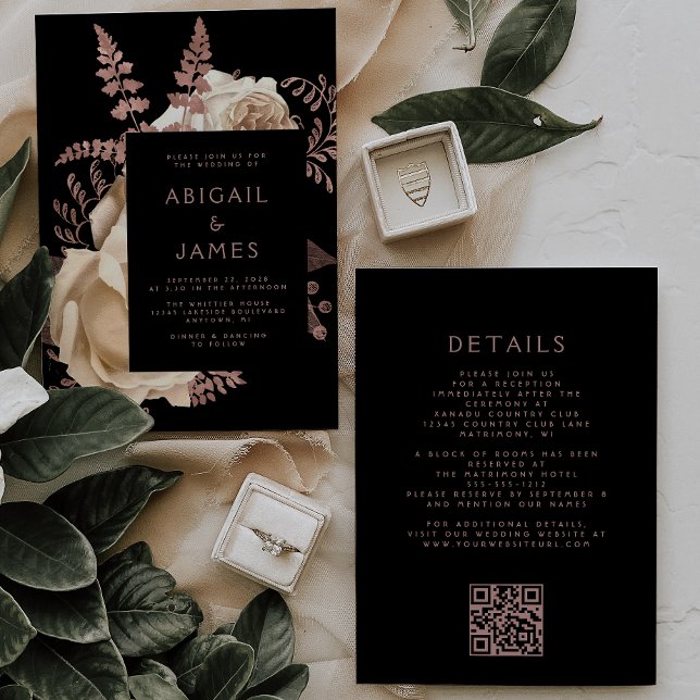 Invitation Moody Dark Floral Rose or QR Code Mariage (Créateur téléchargé)