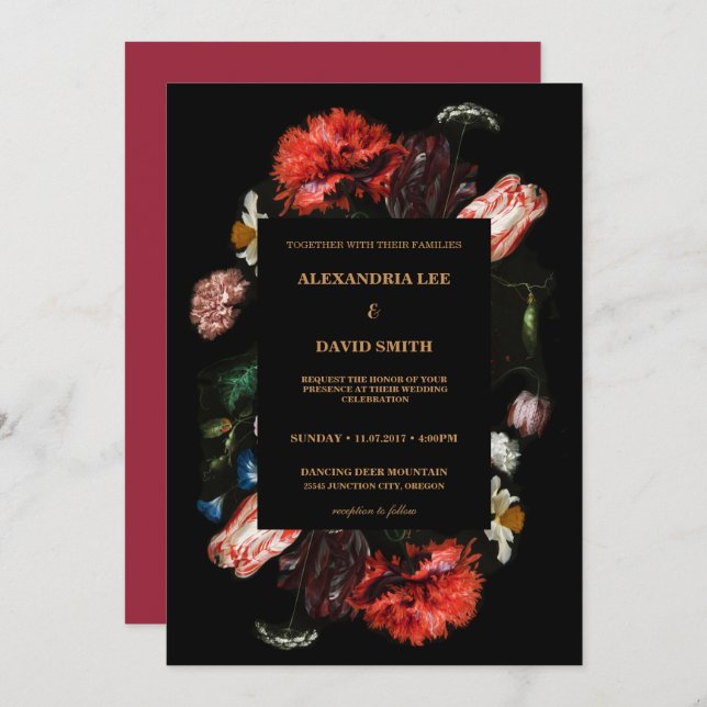 Invitation Moody Dark Red Floral Black Custom Request Mariage (Devant / Derrière)