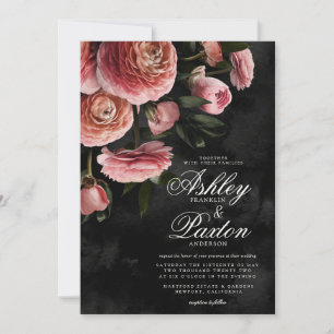 Invitation Moody Elegant Rose   Bouquet floral sur Black Invi