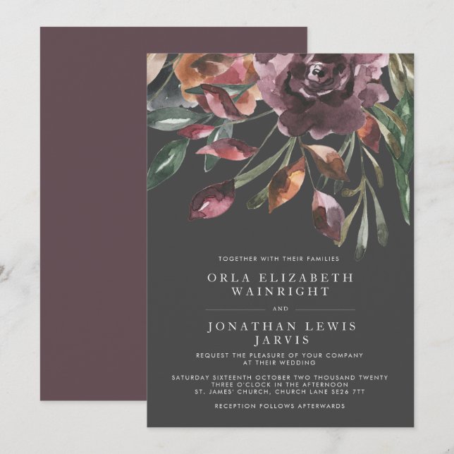 Invitation Moody Fall Floral Burn Purple Mariage (Devant / Derrière)