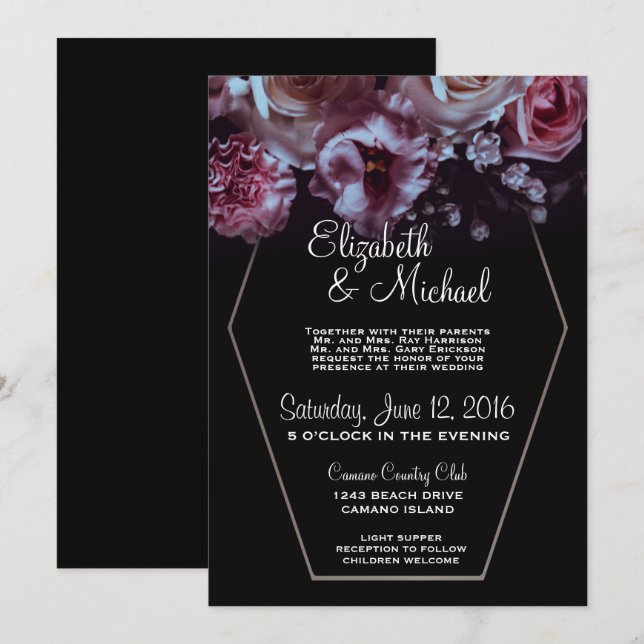 Invitation Moody Floral & Black Mariage Avec Argent (Devant / Derrière)