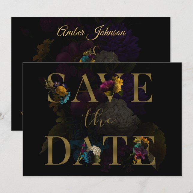 Invitation Moody Floral Noir Mariage Monogramme Enregistrer L (Devant / Derrière)