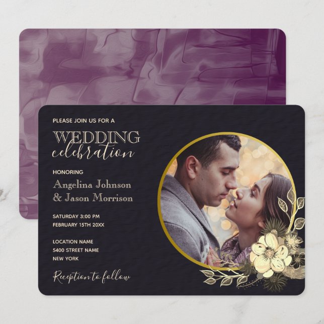 Invitation Moody Floral Purple Gold Black Mariage (Devant / Derrière)