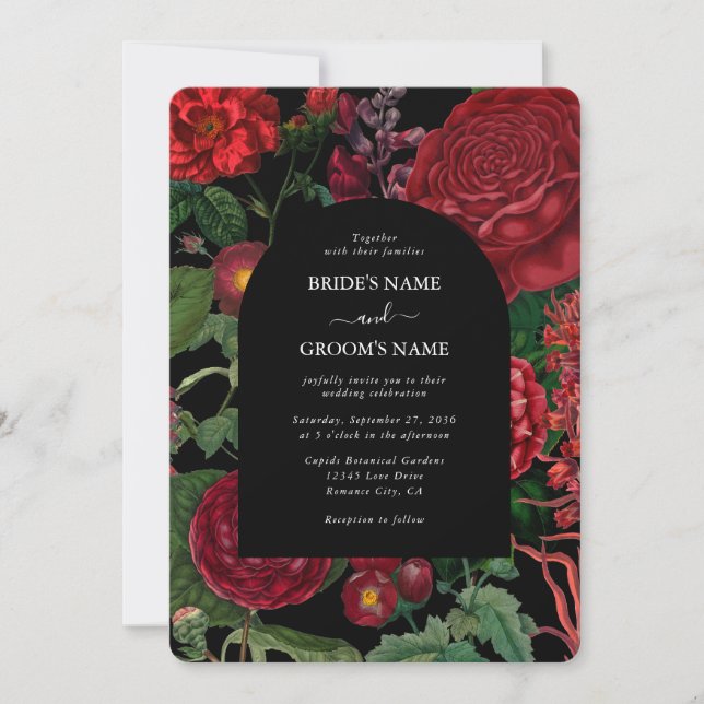 Invitation Moody Florals Arc Noir Bourgogne Rouge Mariage (Devant)