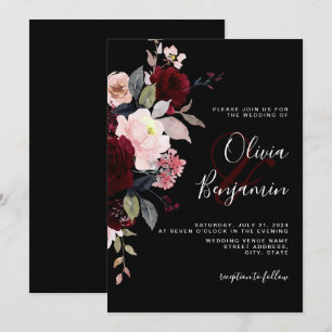 Invitation Moody foncé élégant Floral noir Bourgogne Mariage