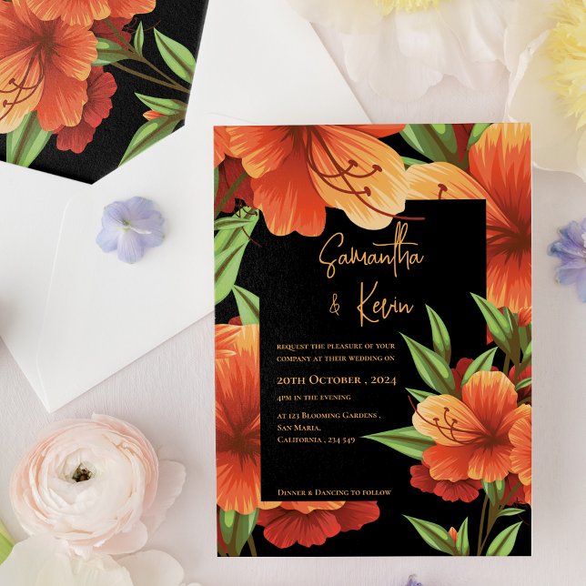 Invitation Moody foncé Elégant Mariage Floral Orange (Dark Moody Elegant Orange Floral Wedding Invitation)