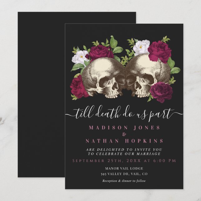 Invitation Moody foncé Gothique Crâne Mariage floral (Devant / Derrière)