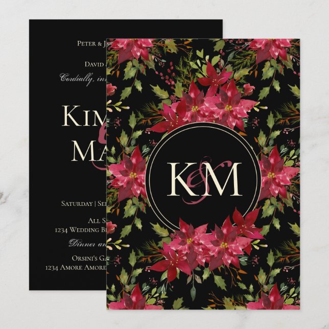 Invitation Moody foncé Mariage Claret Red Poinsettia Monogram (Devant / Derrière)