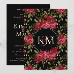 Invitation Moody foncé Mariage Claret Red Poinsettia Monogram