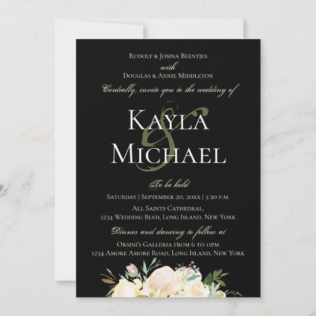 Invitation Moody foncé Mariage Monogramme Rose blanche (Dos)