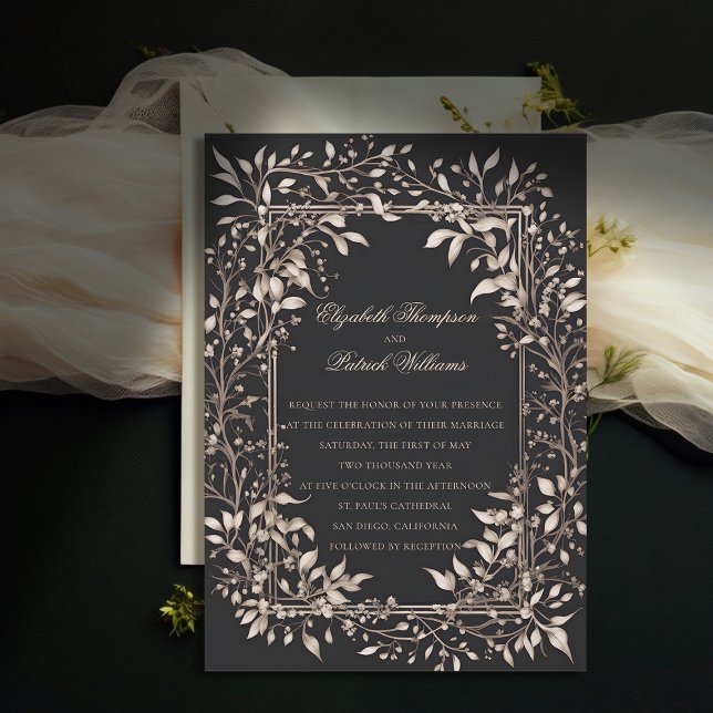 Invitation Moody Forest Botanical Formal Classic Mariage (moody forest wedding invitation botanical frame black white vintage elegant classic traditional)